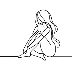 Sitting woman with long hair in line style