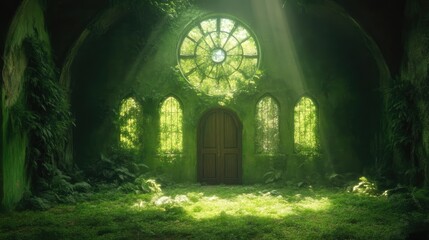 Obraz premium Sunlight streams into overgrown church ruins