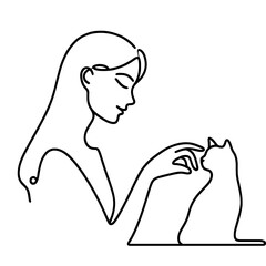 Woman petting cat in continuous line art