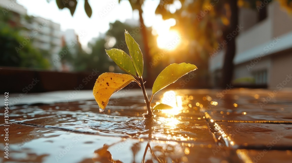 Aufkleber close-up shot of small plant emerging from wet wooden surface illuminated by warm sunlight creating 