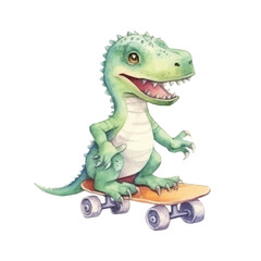 dinosaur playing skateboard cute watercolors illustration on white background