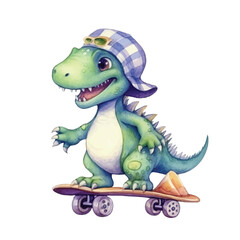 dinosaur playing skateboard cute watercolors illustration on white background