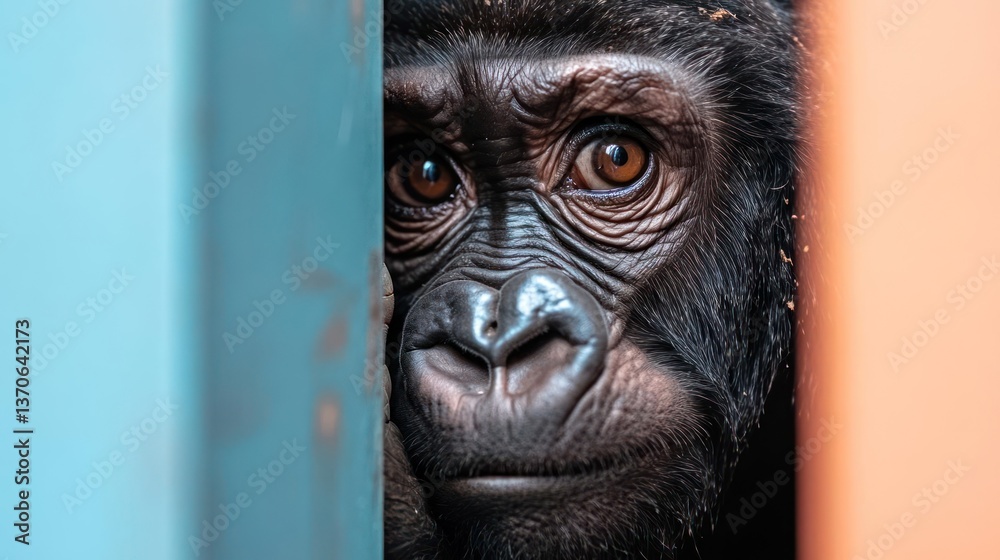 Poster Close up portrait of a generic animal with brown eyes peering through a gap framed by blue and orange structures soft focus background