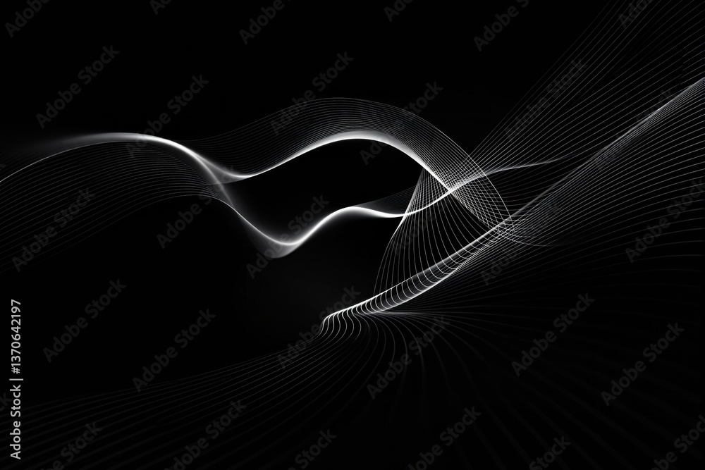 Poster abstract black background with flowing white light wave lines.