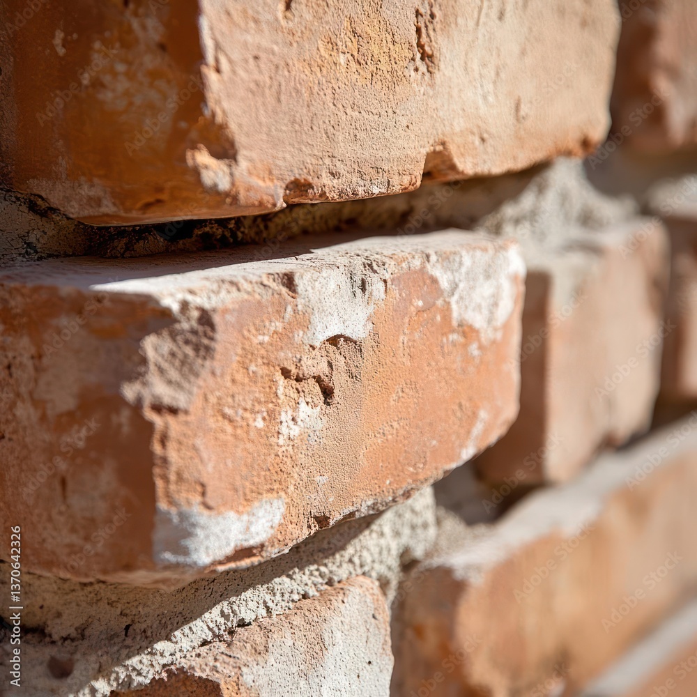 Poster close up of weathered brick wall in sunlight texture showing red brown bricks with mortar and rough 