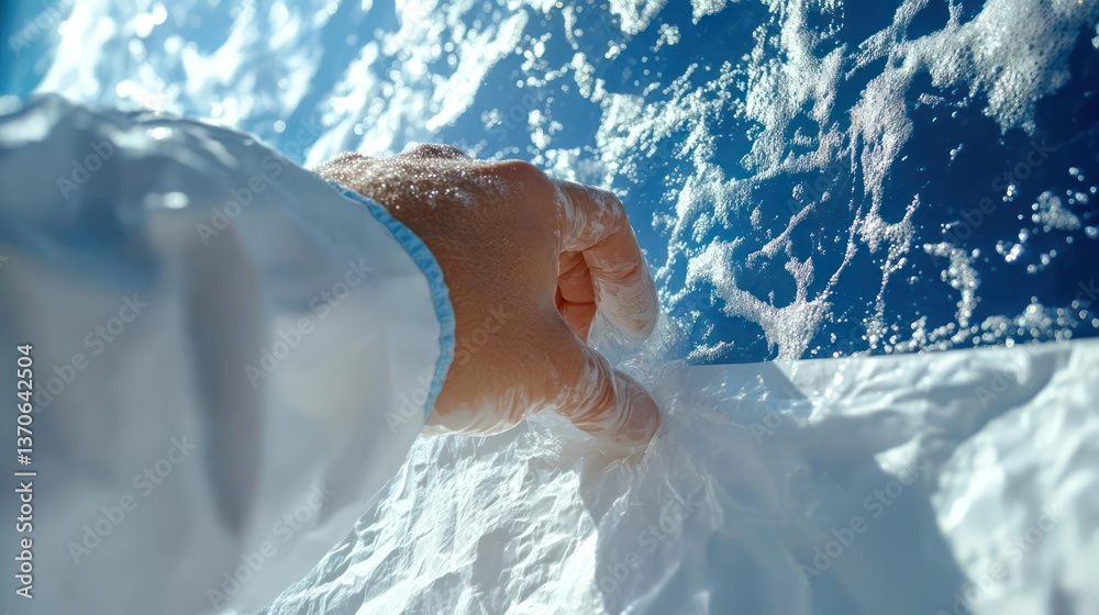 Aufkleber Close up of a person's hand touching a textured surface with blue and white elements in a bright light setting