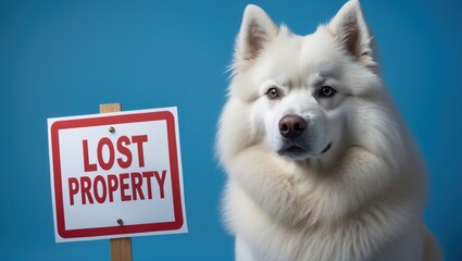 A fluffy white dog beside a sign stating Lost Property, exuding a sense of alertness and curiosity
