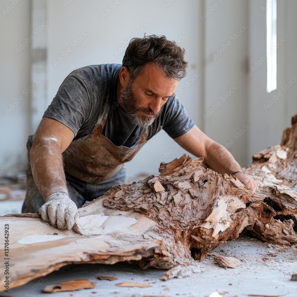 Poster man working on wooden art project inside a bright workshop wearing grey shirt and apron with gloves