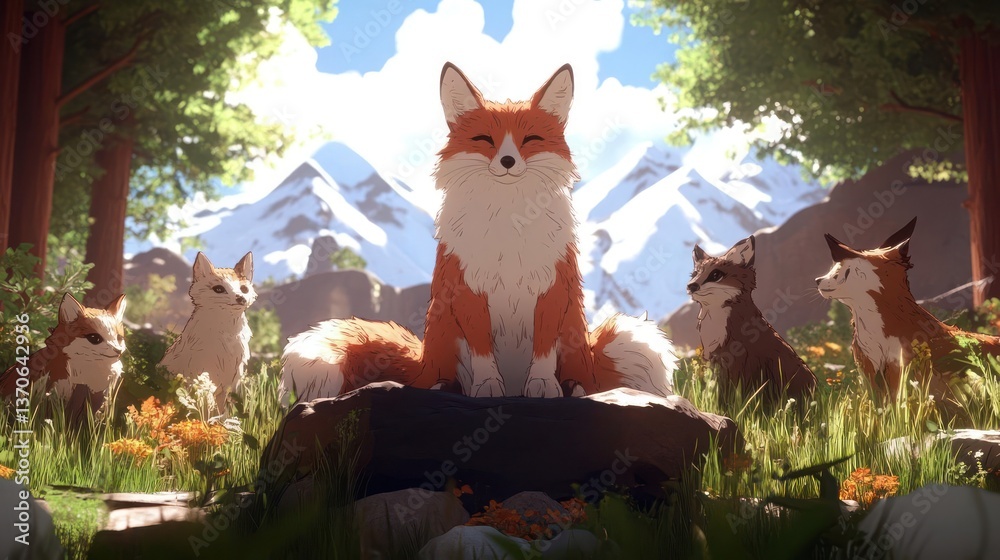 Aufkleber pixelated fox family in a forest setting with mountain background and sunlight. orange and brown fox