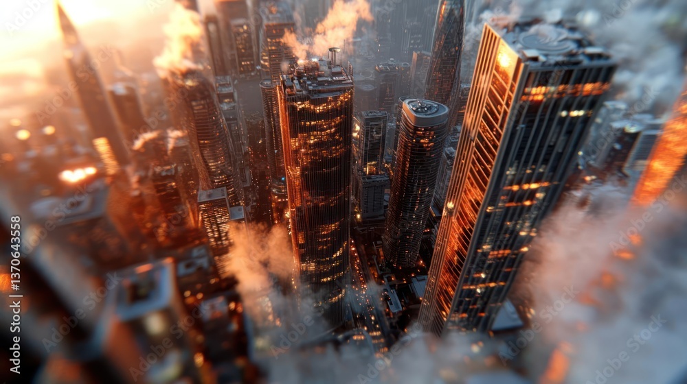 Aufkleber Aerial view of a bustling cityscape at dawn with towering skyscrapers illuminated by warm golden light amidst soft clouds creating a dynamic and energetic environment