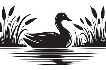 Elegant Silhouette Duck Swimming in Lake Serene Vector Illustration