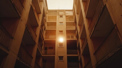 Looking upwards towards the opening in a weathered apartment building