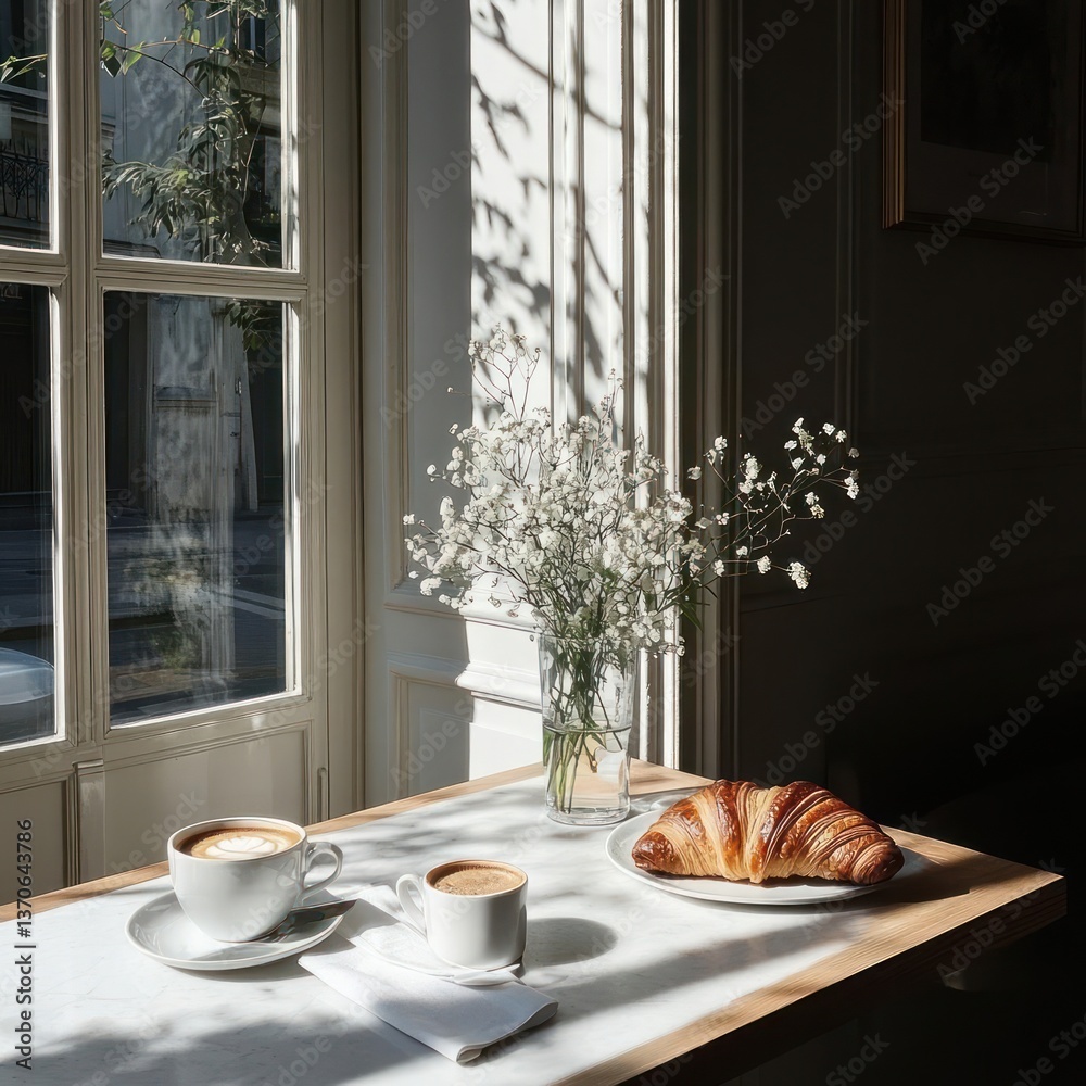 Poster sunlit cafe interior with coffee croissants and flowers on table near window creating peaceful setti