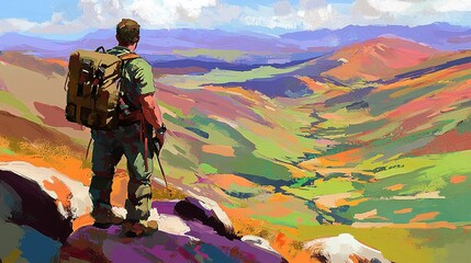 A hiker observes a vibrant mountain valley landscape from above