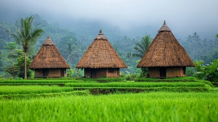 Traditional huts on lush rice terraces