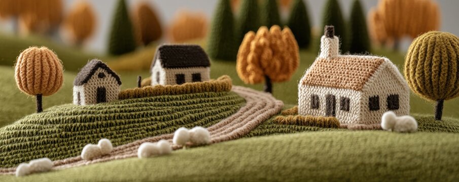 A whimsical landscape featuring knitted houses, trees, and sheep, creating a cozy rural scene with a charming, artistic touch.