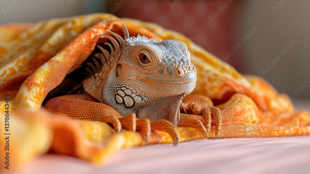 Aufkleber Close-up shot of a colorful reptile partially covered by a soft orange blanket displaying textures and patterns with a blurred background