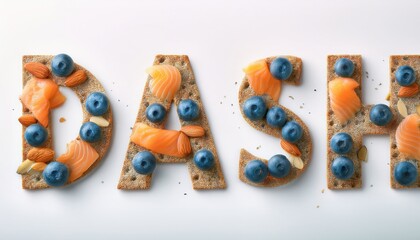 Word dash made out of fish and berries on a piece of bread