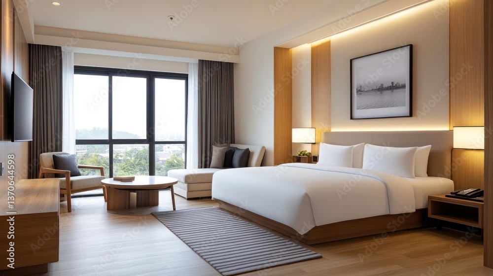 Poster elegant interior featuring a large bed wooden furniture large window and scenic view. neutral colors