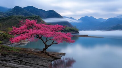 Serene Pink Blossom Tree by a Misty Lake in the Mountains A breathtaking landscape photograph