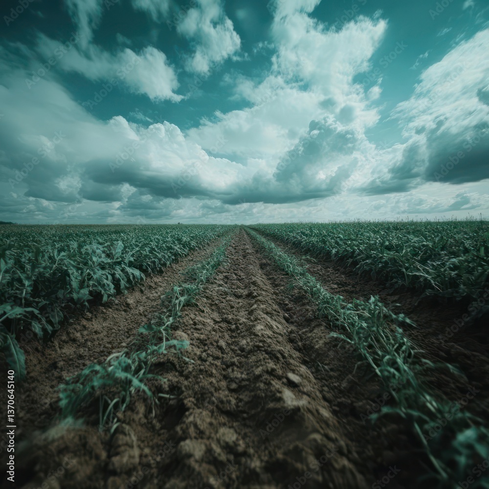 Poster Field of green plants with rows of brown soil under a cloudy sky. The perspective draws the eye towards the horizon, creating a sense of depth and expansiveness