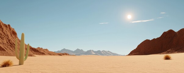 A vast desert landscape featuring mountains, a bright sun, and a solitary cactus in a sandy environment.