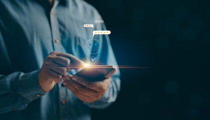 A man give rating on Mobile phone to service experience on online application, Evaluate quality of...