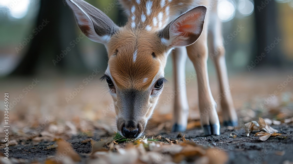Poster close up view of spotted fawn eating from ground in forest setting with blurred background and autum