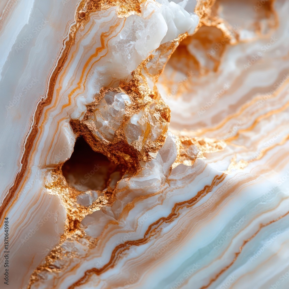 Fototapete Abstract macro photography of textured crystalline rock formation with layered patterns and golden veins. Features a close-up view with detailed surfaces and dramatic lighting
