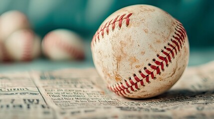 Vintage Sports Memorabilia, an intimate glimpse of a weathered baseball bat and ball beside an aged newspaper showcasing historic game scores, evoking nostalgia and timeless moments