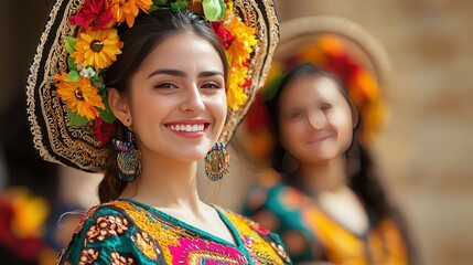 Fototapeta premium Beautiful Young Woman in Vibrant Traditional Mexican Hat and Dress Smiling Portrait Outdoors