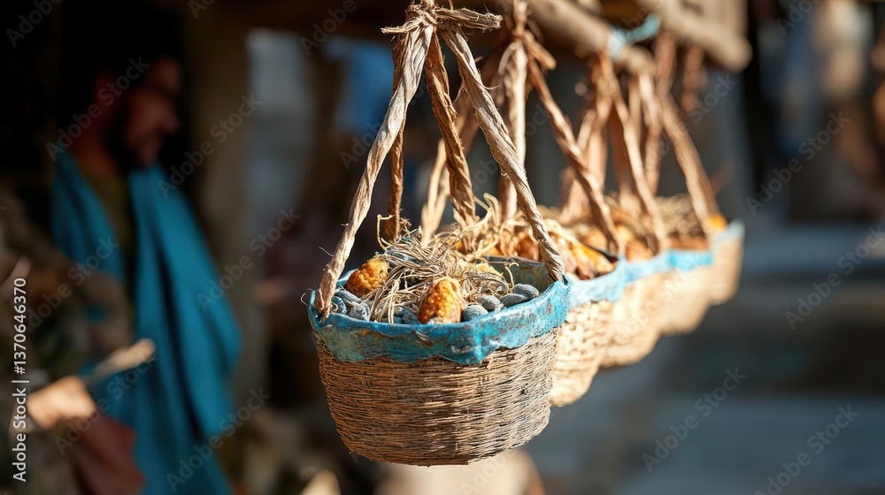 Poster row of woven baskets hanging filled with various fruits in natural light with blurred background