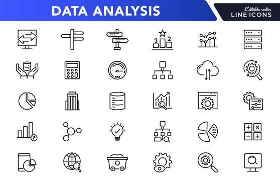 Data analysis thin line icon set. Information technology, data, business, analytics, statistics, infographic, data analysis, infographics, optimization and, datafication outline icon collection.