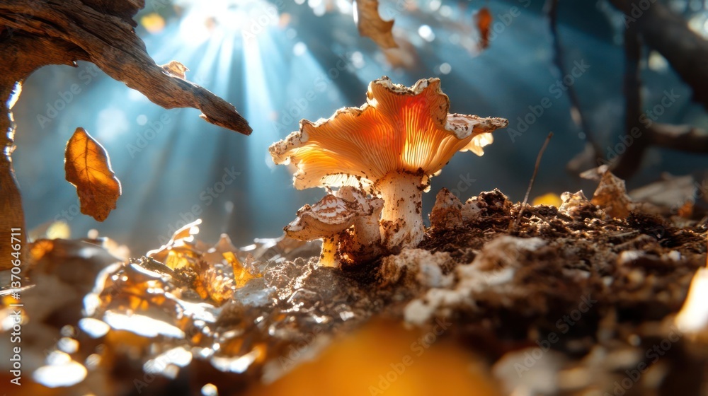 Poster close up of a mushroom in a forest with sunlight rays, surrounded by fallen leaves and branches. aut
