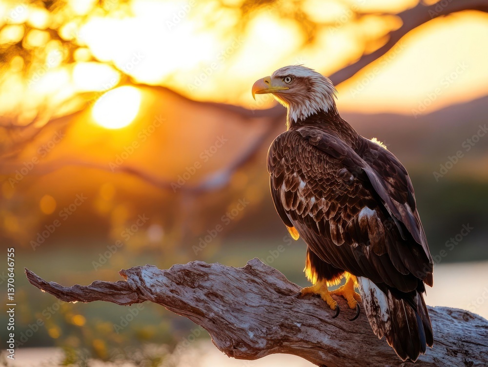 Poster generic bird perched on a branch with golden sunlight in background, its feathers and the branch tex
