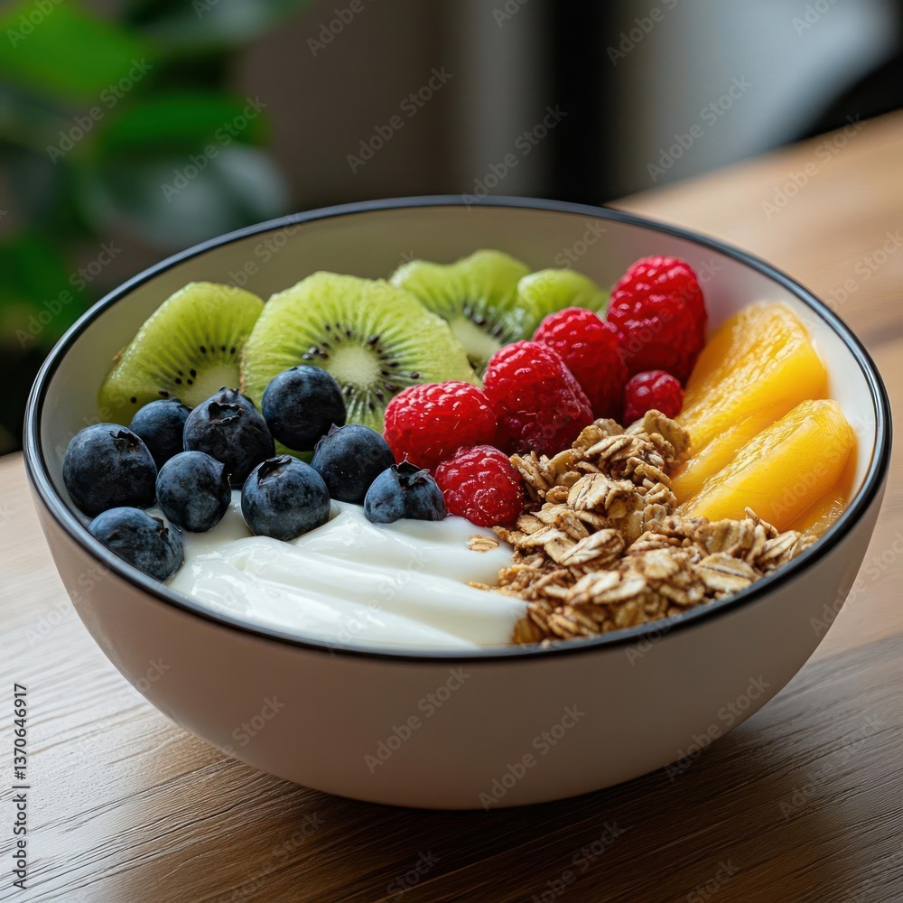 Aufkleber close up of a healthy breakfast bowl with yogurt granola blueberries raspberries kiwi and peach slic