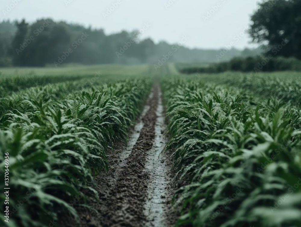 Poster A close up view of a plant field with a narrow pathway leading to distant trees under overcast lighting with green foliage