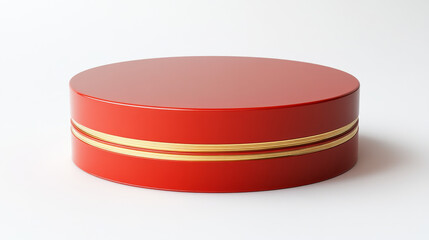 Red podium has a circular shape and gold lines on the back for product presentation. Cosmetic product display. vector illustration	