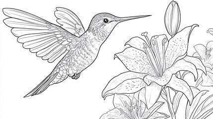 Obraz premium Hummingbird in flight near lilies, line art illustration, suitable for coloring book or print