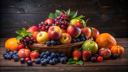 Freshly arranged seasonal fruits like apples oranges grapes and berries placed elegantly on a modern minimalist dark wood table, decorating, minimalist
