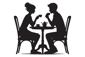 Couple Drinking Tea Silhouette Vector Illustration Romantic Scene
