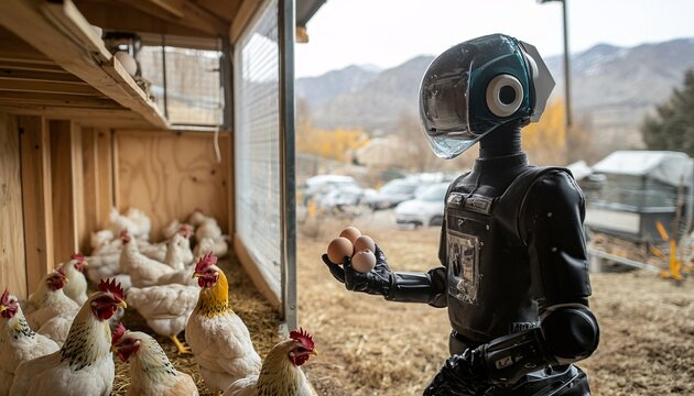 Robot Harvesting Eggs in a Modern Coop Showcasing Innovation in Agriculture