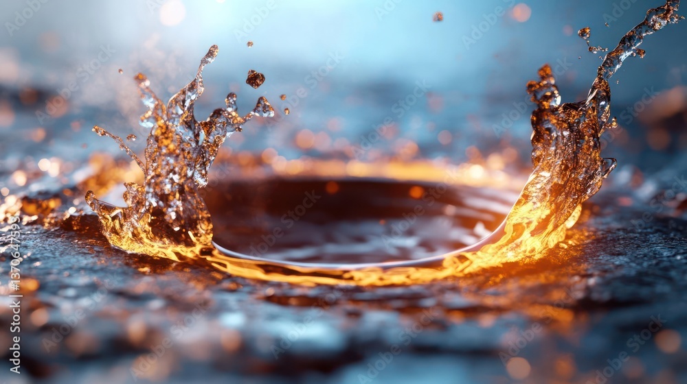 Leinwandbilder Dramatic water splash with golden and blue hues creating a dynamic visual with high-speed motion blurred effect and light refraction