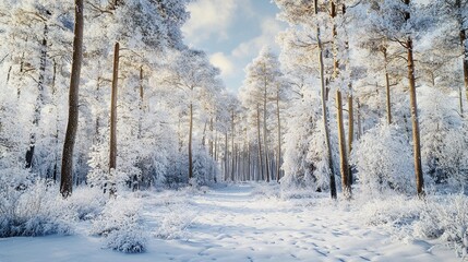 Obraz premium Sunlit snowy path through a winter pine forest. (1)