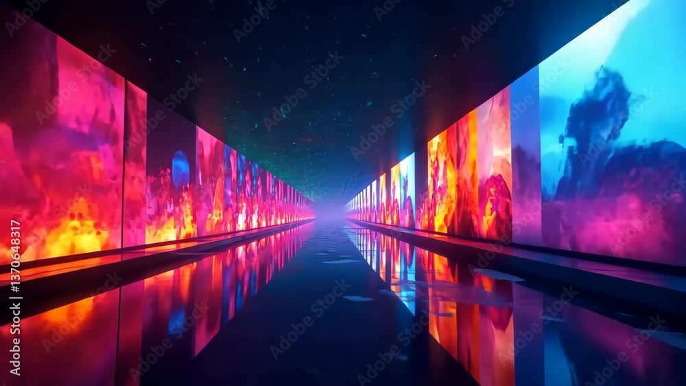 Poster immersive digital art corridor with vibrant colors reflected in a shallow pool of water