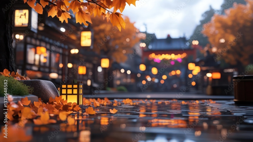 Aufkleber Autumnal street scene with wet cobblestones reflecting streetlights. Fallen leaves and illuminated lanterns create a warm atmosphere. Buildings and trees frame the depth of field