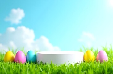 Fototapeta premium Empty round podium in green grass, colorful pastel Easter eggs around, for product presentation, sunny day with blue sty background. Card, place for text or logo, design