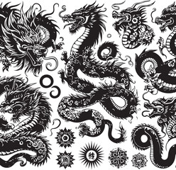 Tattoo Style Vector Bundle | Vintage Skull, Roses, Dragons, and Wild Animals Illustrations