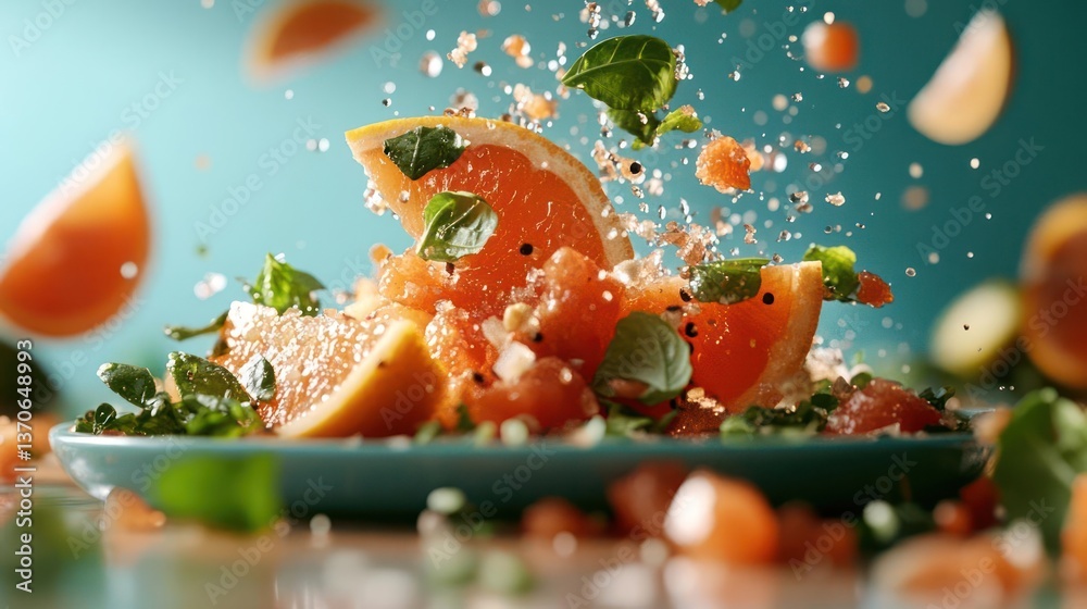 Poster citrus fruit slices and herbs are dynamically arranged on a plate with a turquoise background. the v