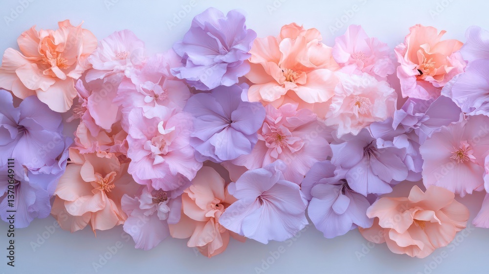 Leinwandbilder Overhead view of an array of pastel color paper flowers. Soft pinks peaches and lavender hues are arranged on a white background creating a delicate and visually appealing composition